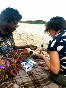Marrnyula Mununggurr works with Melinda Young on her rings at Galaru